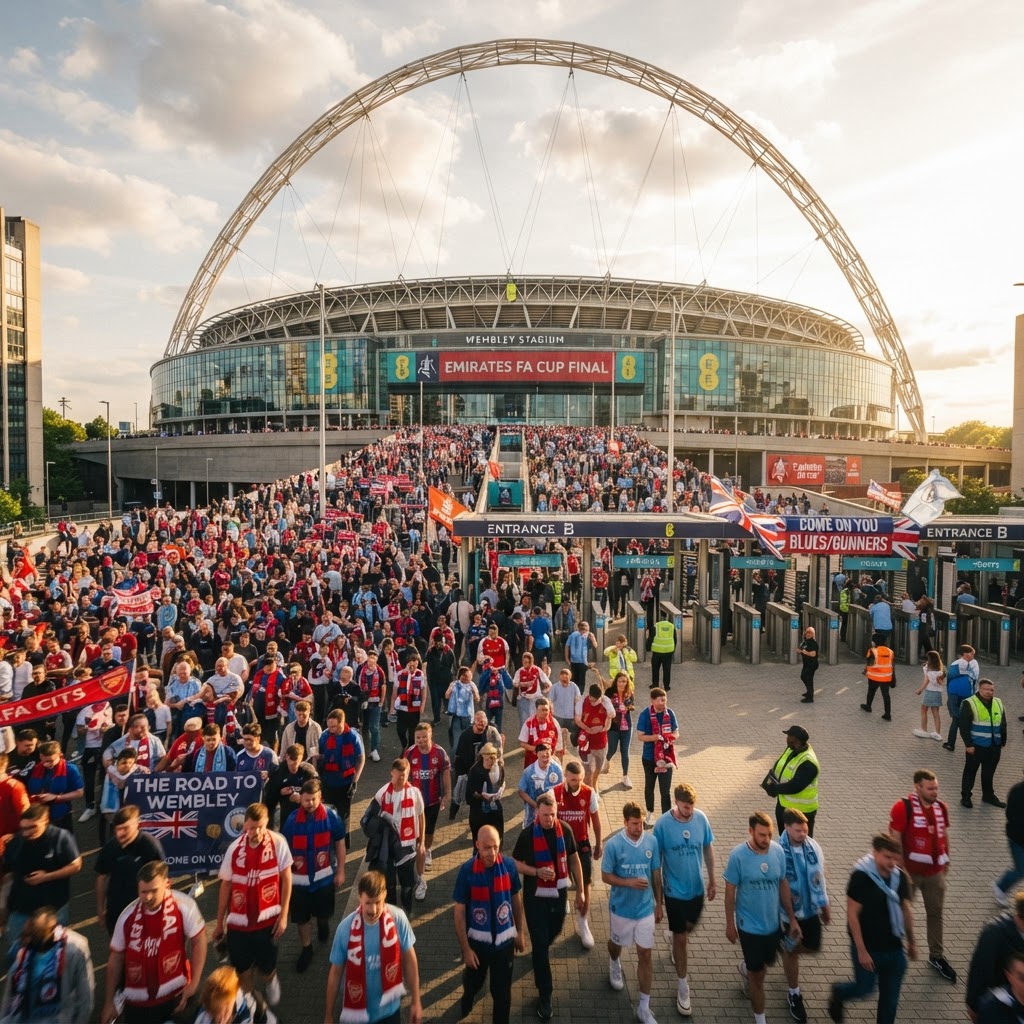 Football fans heading to a cup final at a modern English national stadium