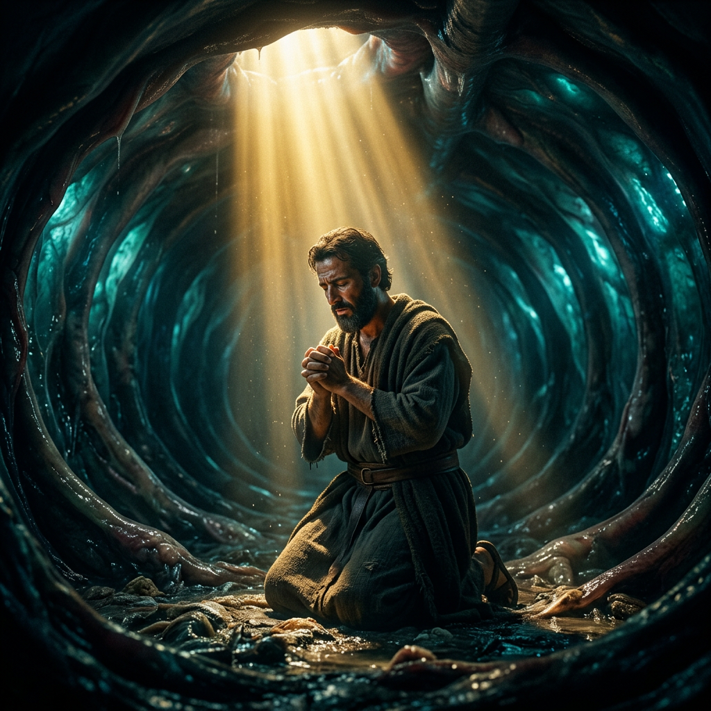 Jonah inside the whale — cinematic scene
