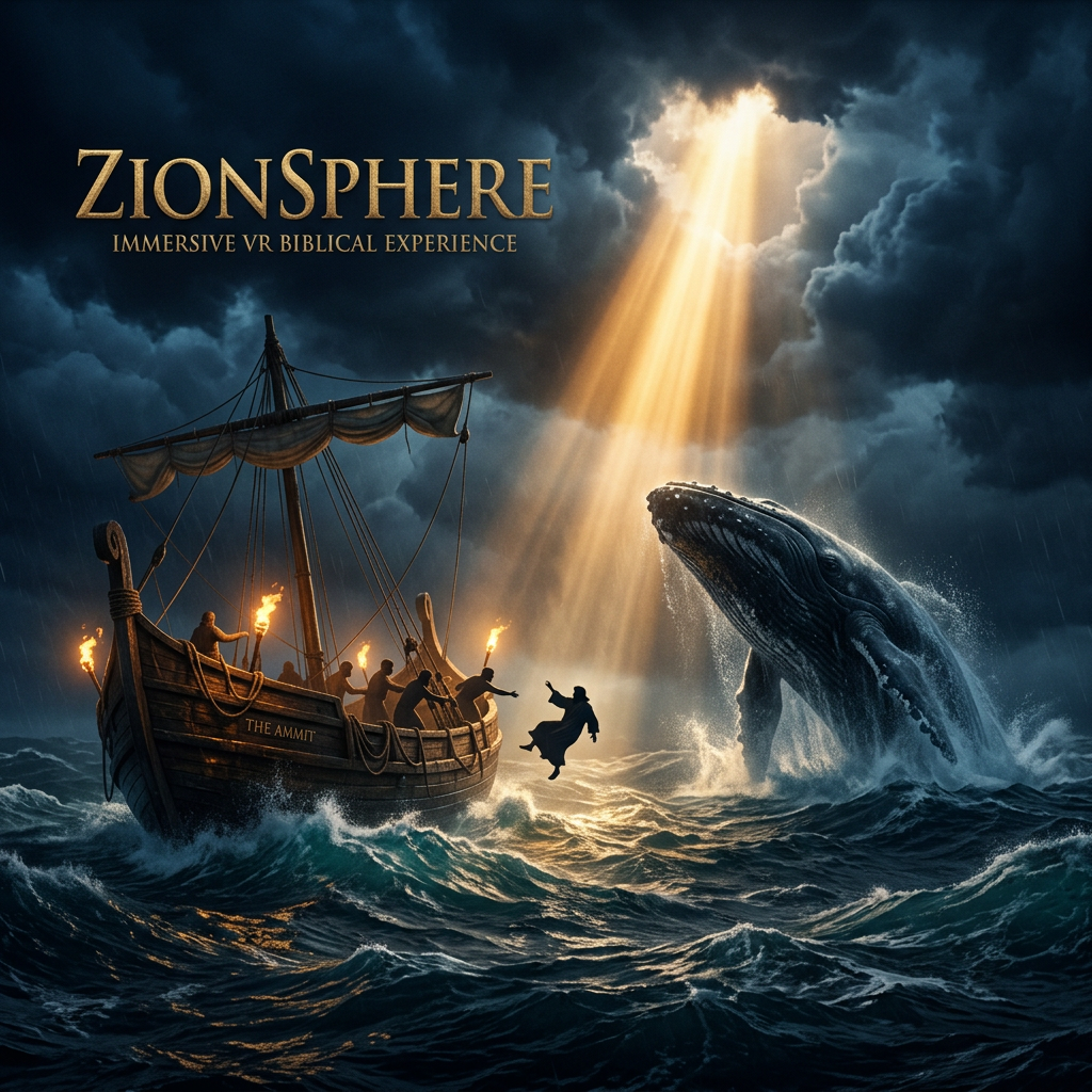 Stormy sea with whale and divine light