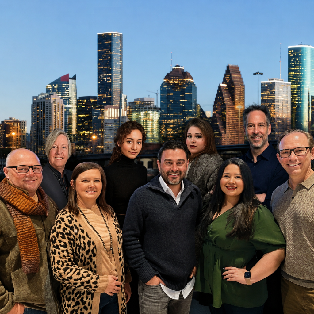 The DropDialer team in front of the Houston skyline