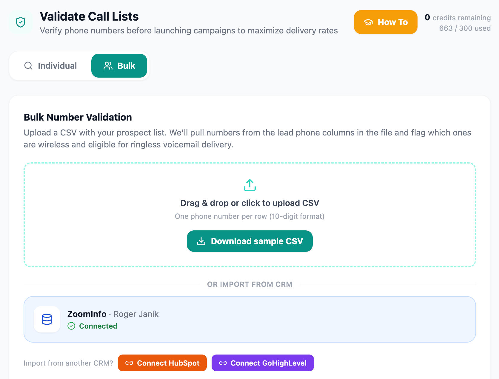 DropDialer wireless phone validation results showing which numbers are eligible for voicemail delivery
