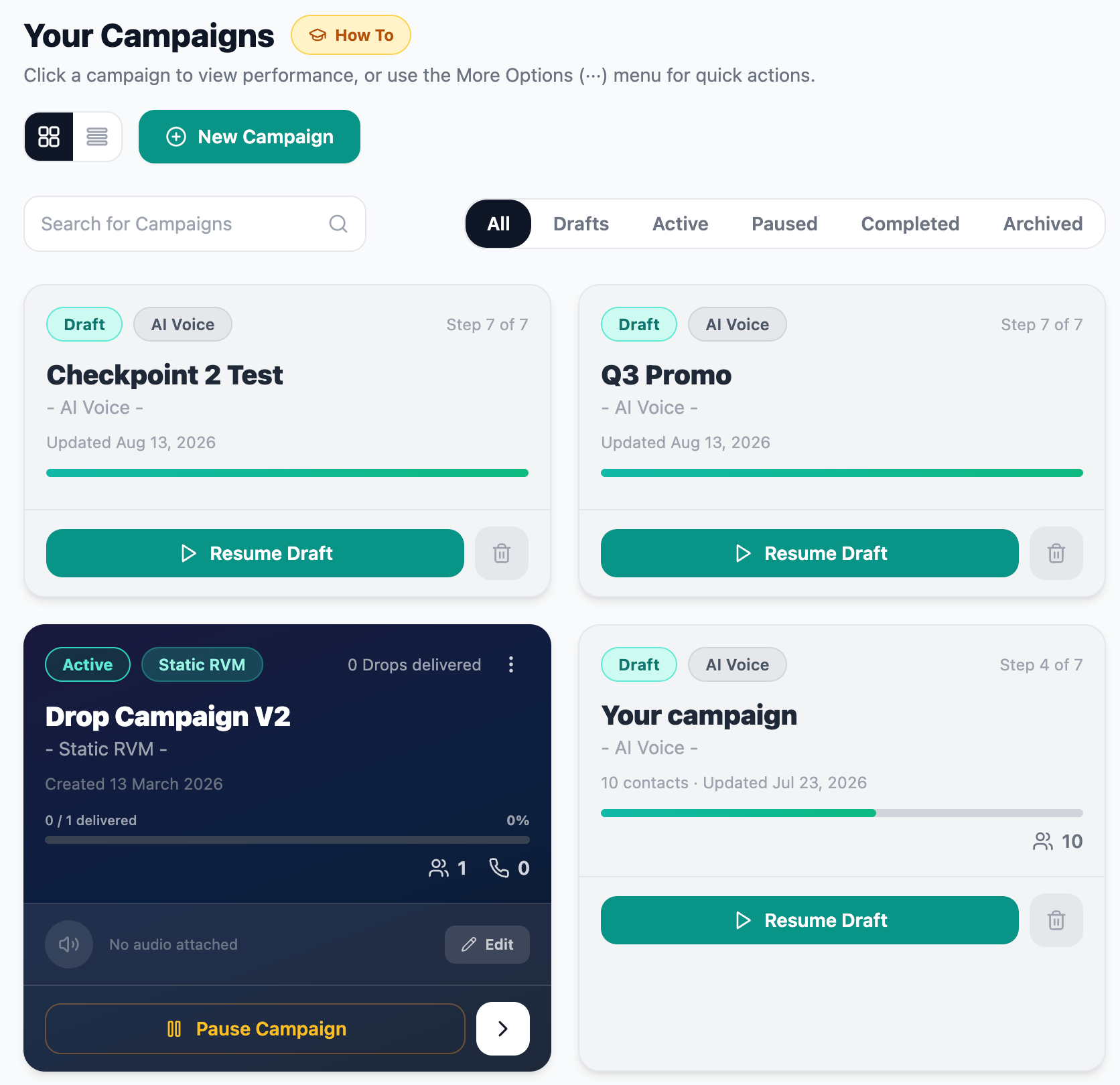 DropDialer voicemail drop software campaign dashboard showing active and draft campaigns with status badges and progress