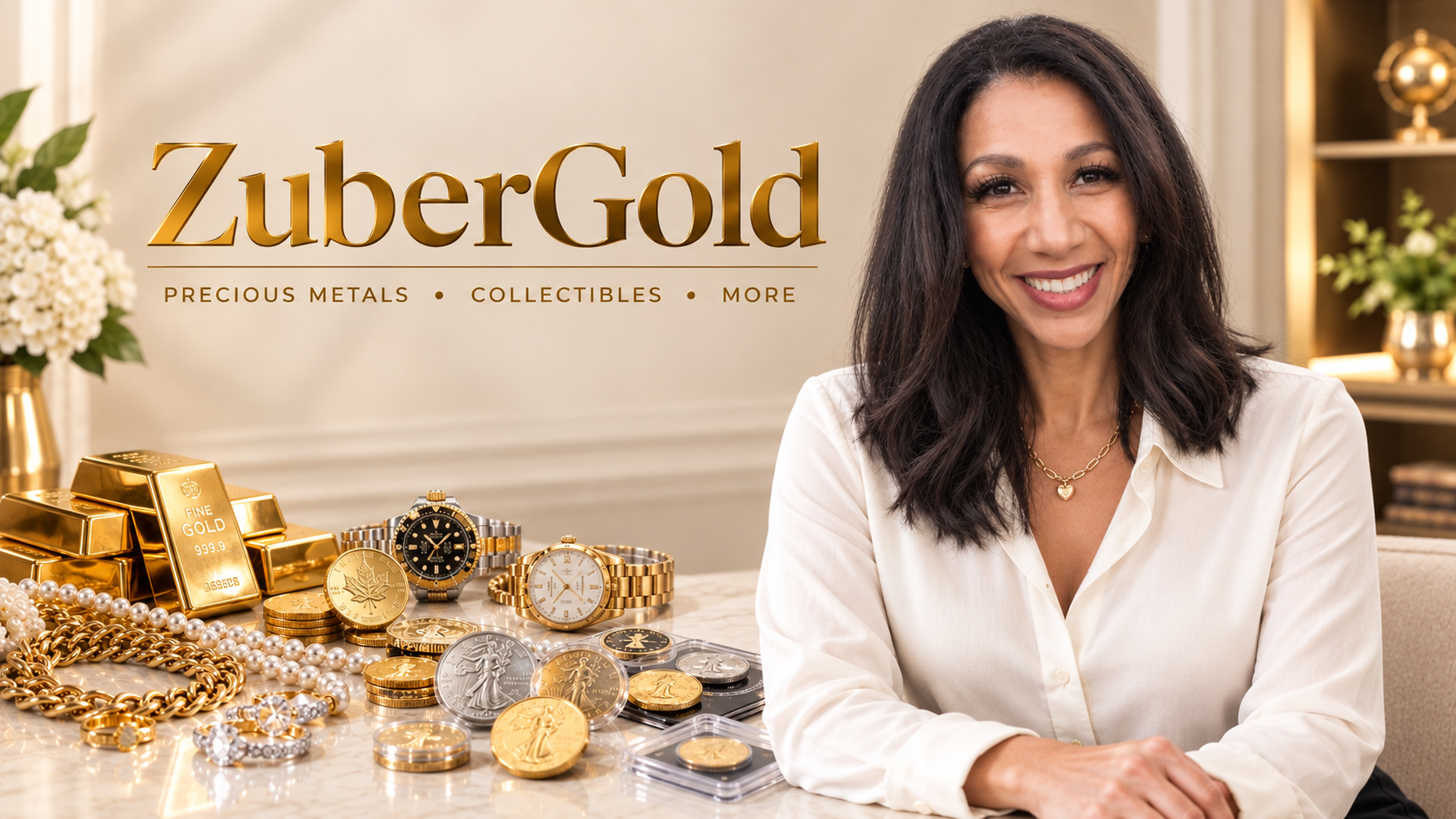 A woman with her appraised gold, jewelry, watches, and coins