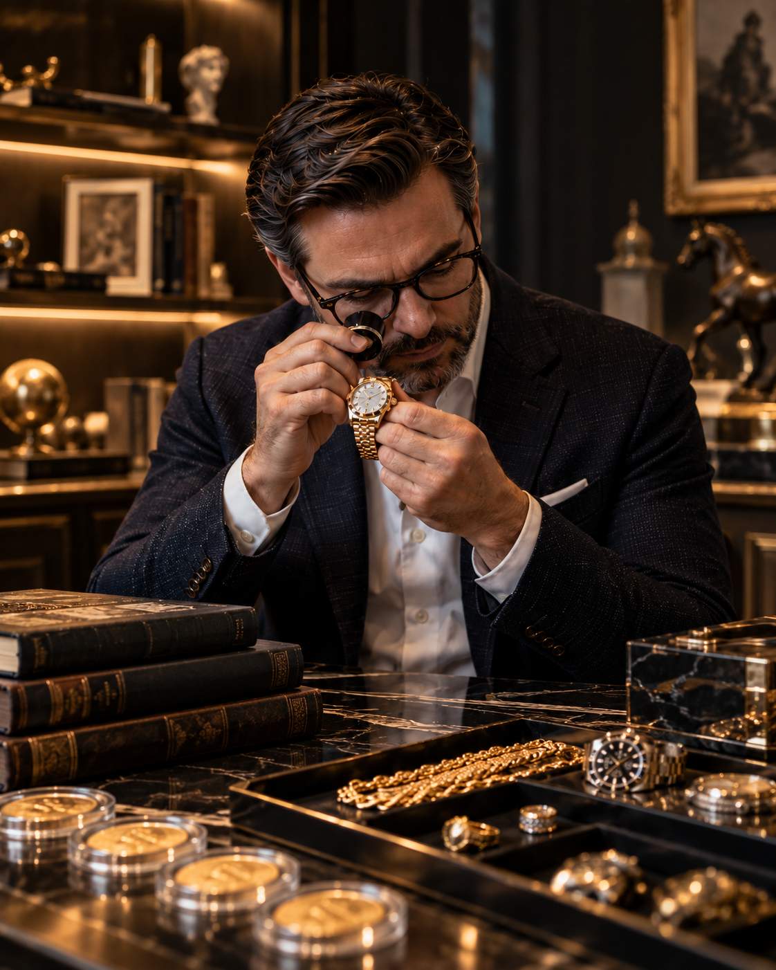 Dealer inspecting a luxury watch with a jeweler's loupe