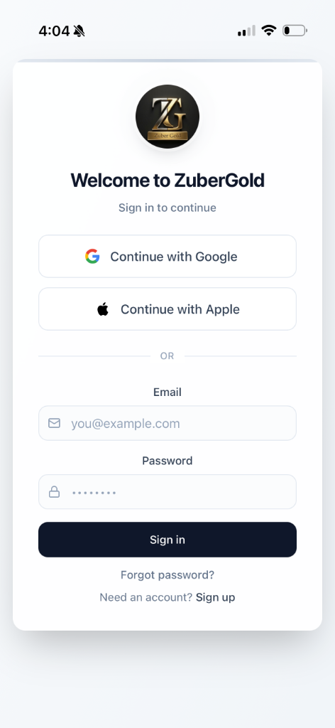 ZuberGold sign-in screen