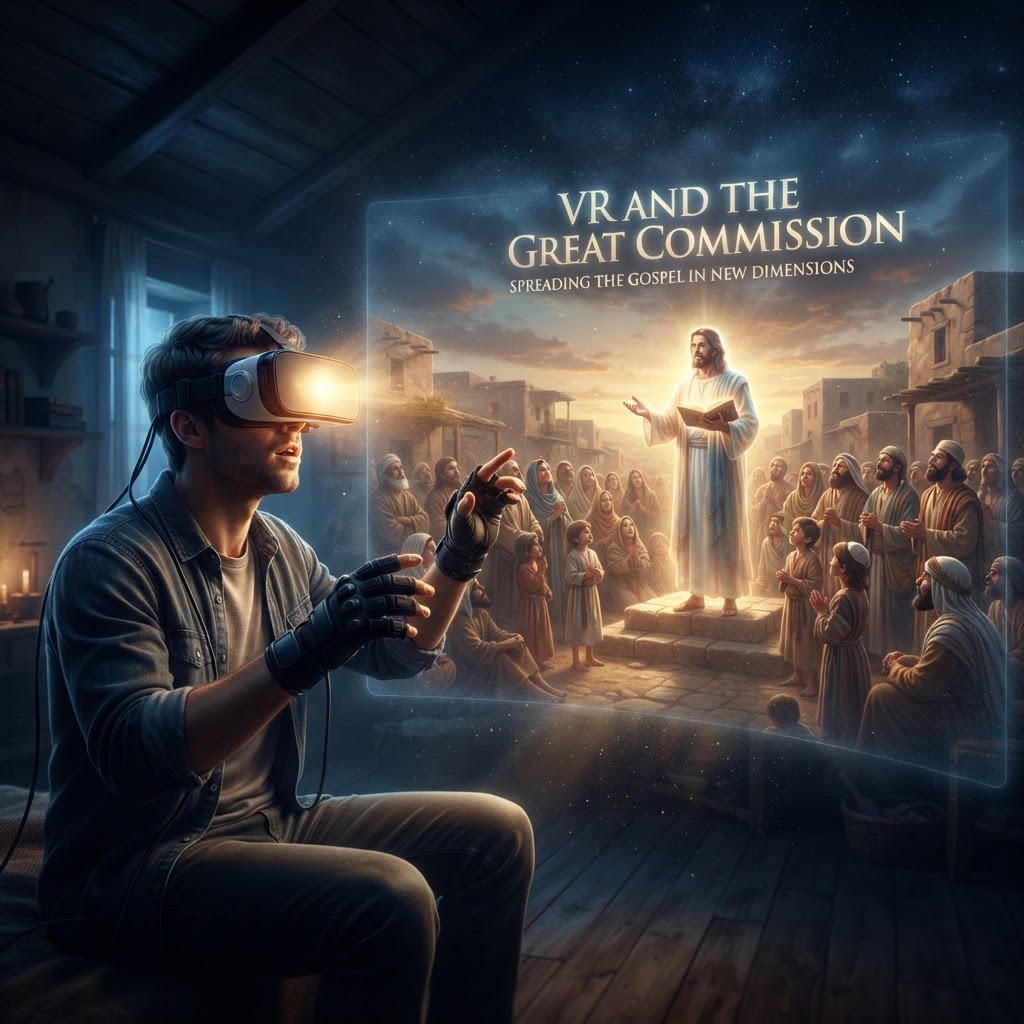 A person wearing a VR headset experiencing a vivid, immersive digital representation of a biblical landscape.