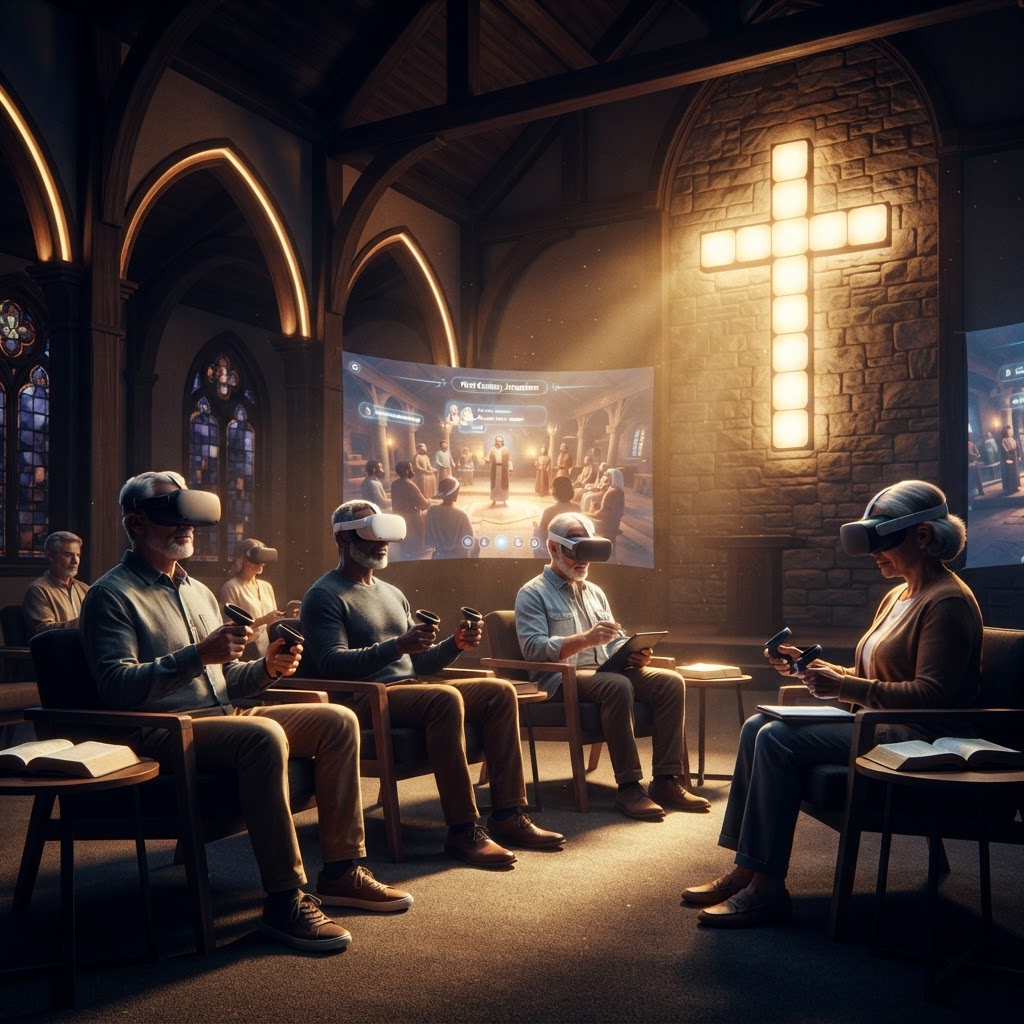 A diverse group of people of various ages wearing VR headsets, immersed in a digital representation of a biblical scene.