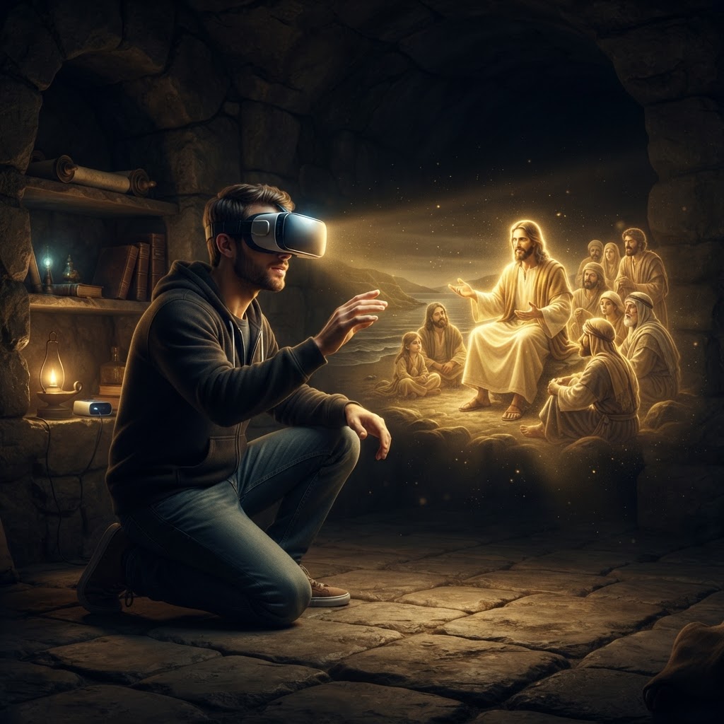 A digital representation of a person wearing a VR headset, with a silhouette of an ancient biblical landscape blending into the digital environment.