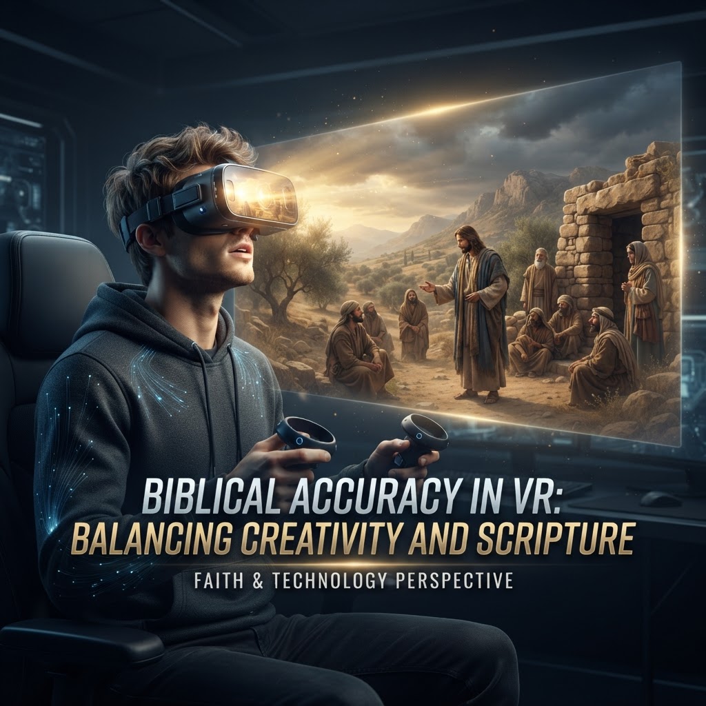 A person wearing a VR headset looking at a digital representation of a peaceful ancient biblical landscape at sunset.