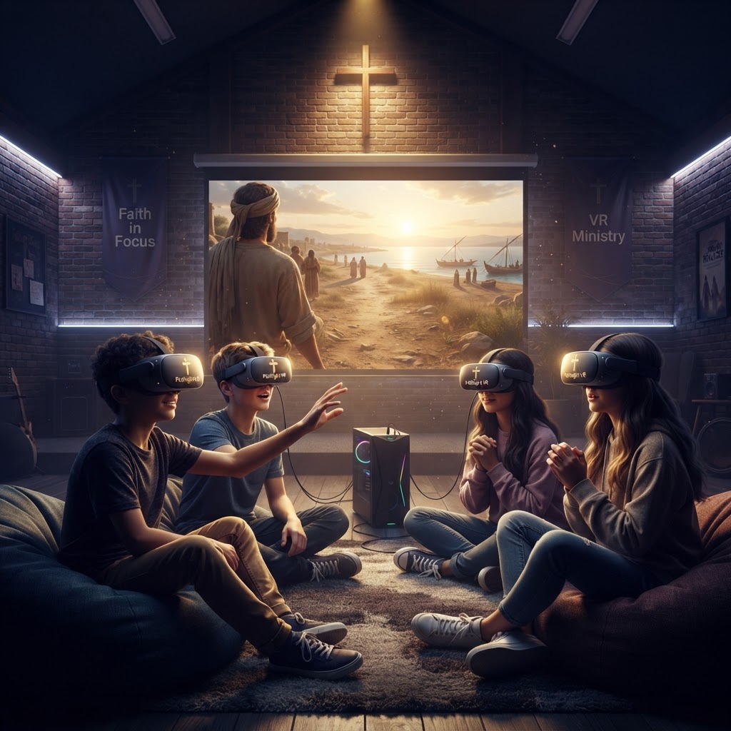 A group of youth wearing VR headsets in a modern church setting engaged in an immersive biblical storytelling experience.