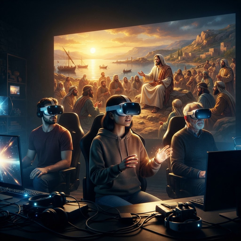 A person wearing a VR headset, hands outstretched, with a glowing digital representation of an ancient biblical landscape in the background.