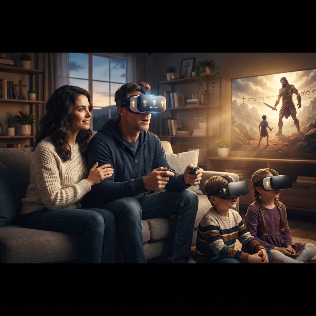 A parent and child wearing virtual reality headsets while exploring an immersive, high-definition digital representation of a biblical landscape.