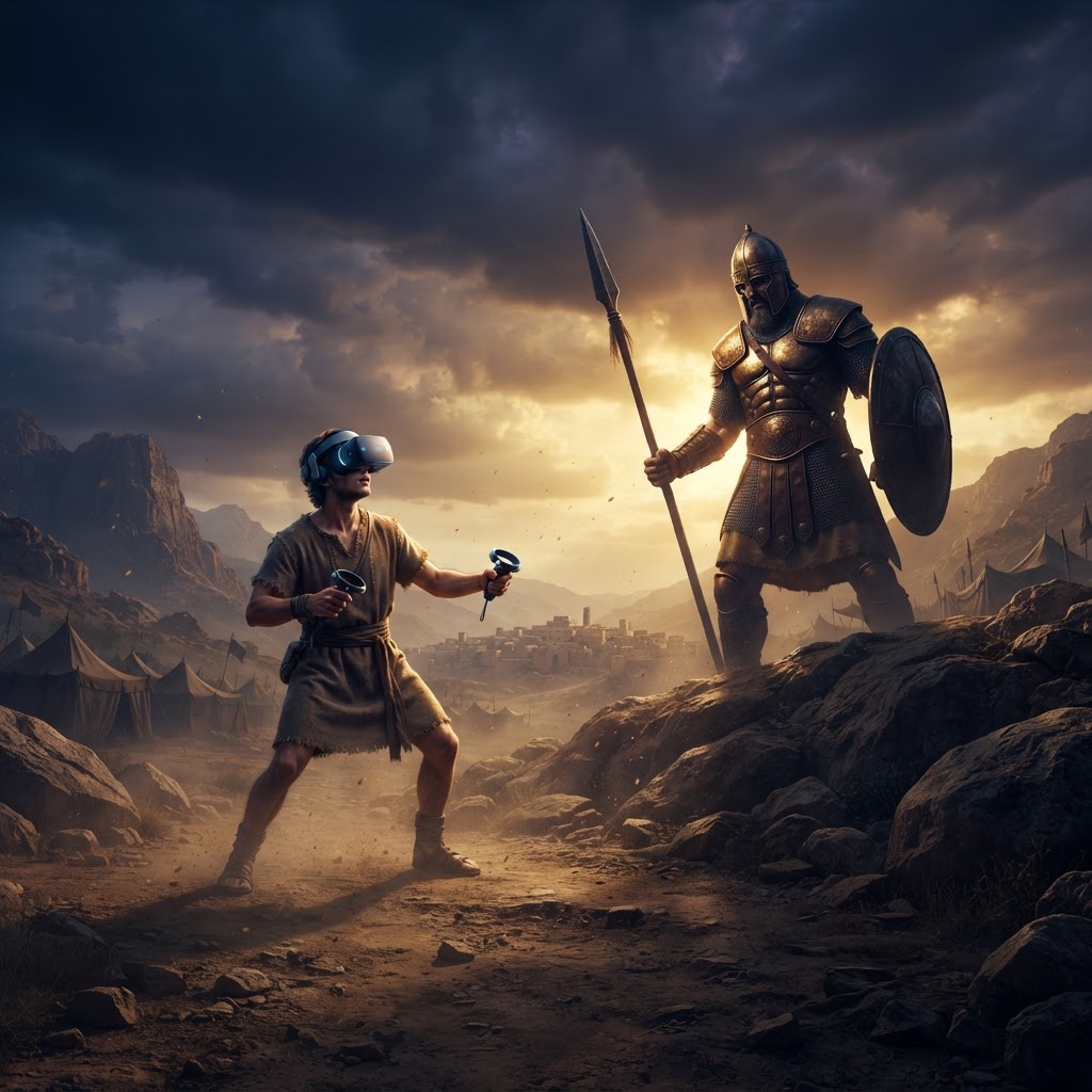 A young shepherd standing in a virtual reality valley looking up at a massive, armored giant in a bright, cinematic biblical landscape.