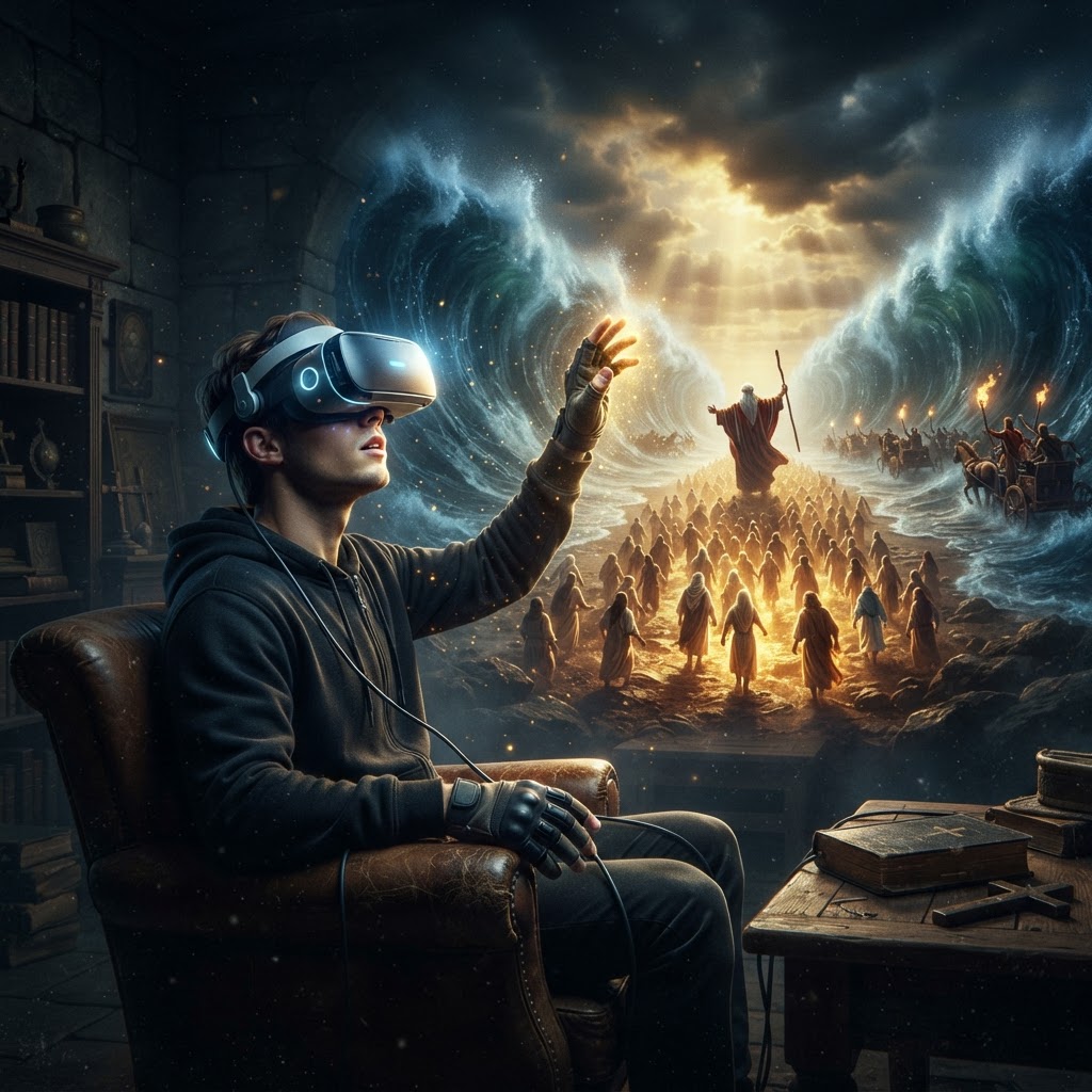 A person wearing a virtual reality headset while interacting with a holographic representation of a biblical landscape.