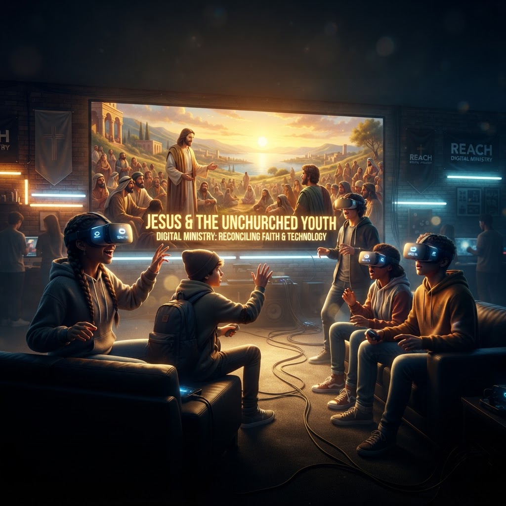 A young person wearing a virtual reality headset while surrounded by a glowing, immersive digital representation of biblical landscapes.