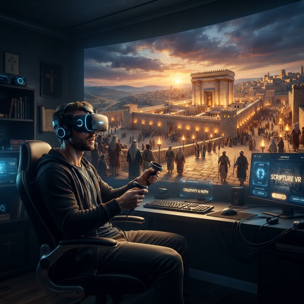 A high-fidelity digital illustration of a user experiencing a biblical landscape inside a virtual reality headset with glowing light radiating from the screen.