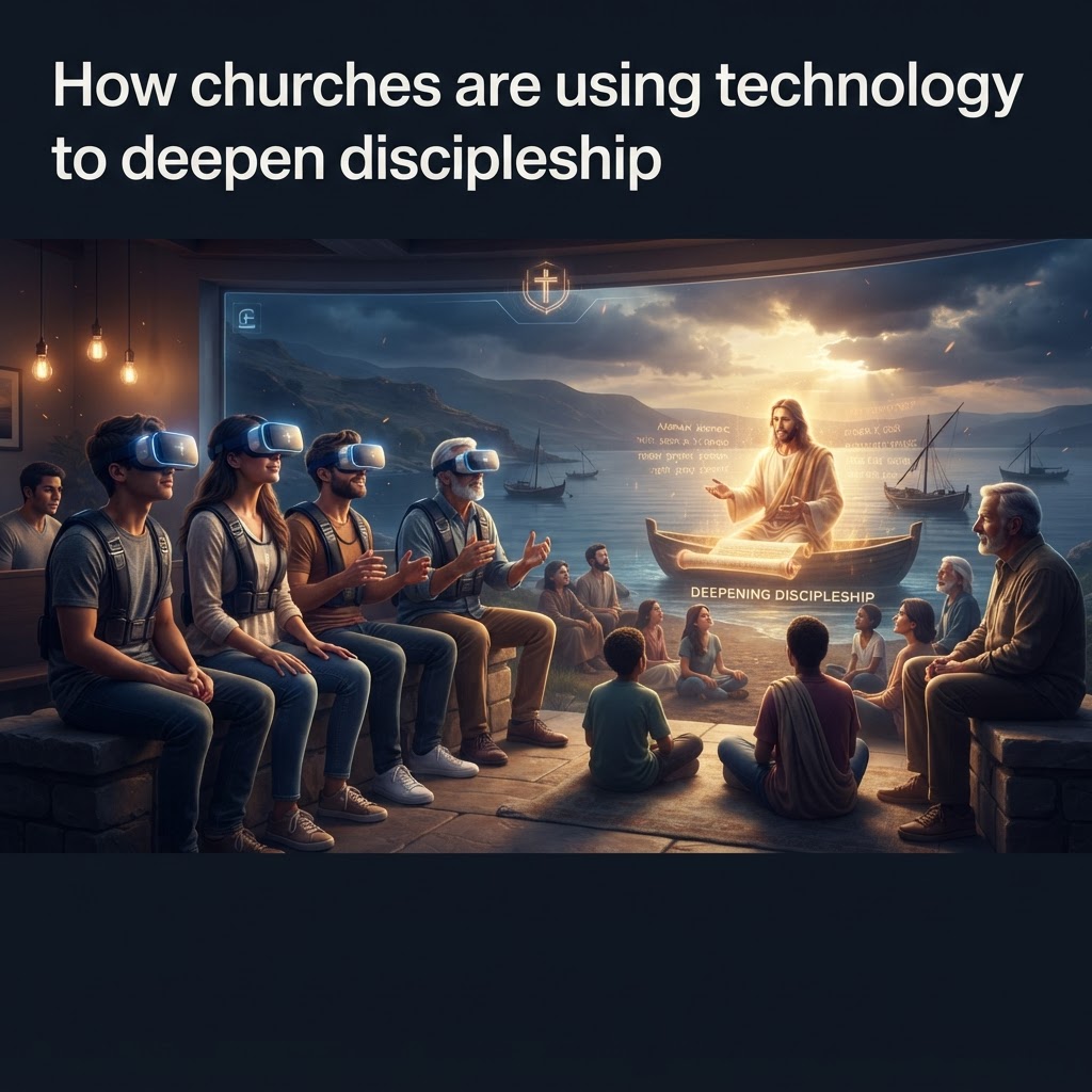 A person wearing a VR headset, experiencing an immersive, historical biblical landscape, symbolizing the fusion of modern technology and ancient scripture.