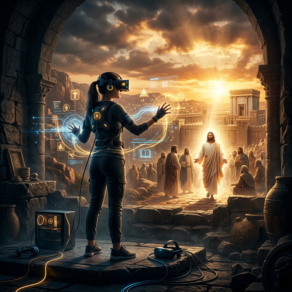 A young person wearing a VR headset in a dimly lit room, with a warm golden light emitting from the lenses, representing a spiritual encounter.