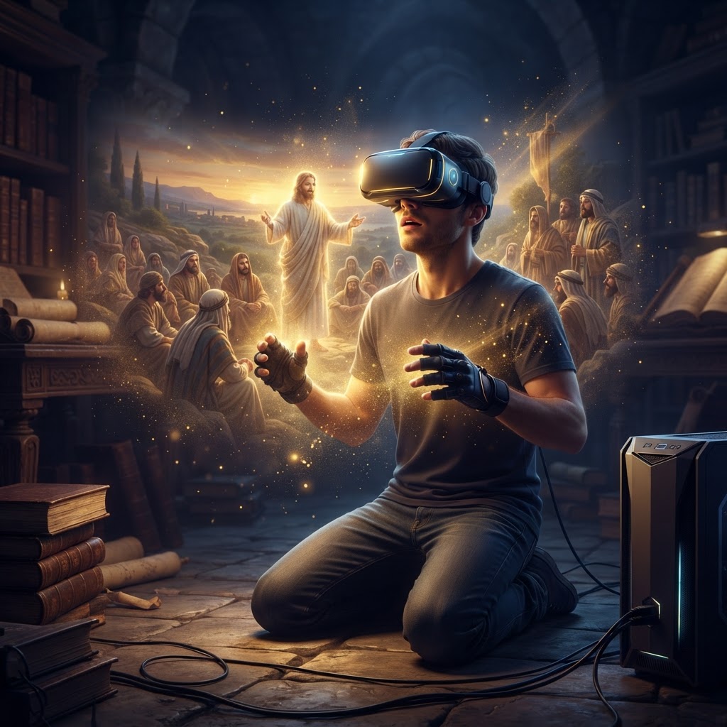 A person wearing a VR headset, standing in a serene, digitally rendered biblical landscape reflecting on scripture.