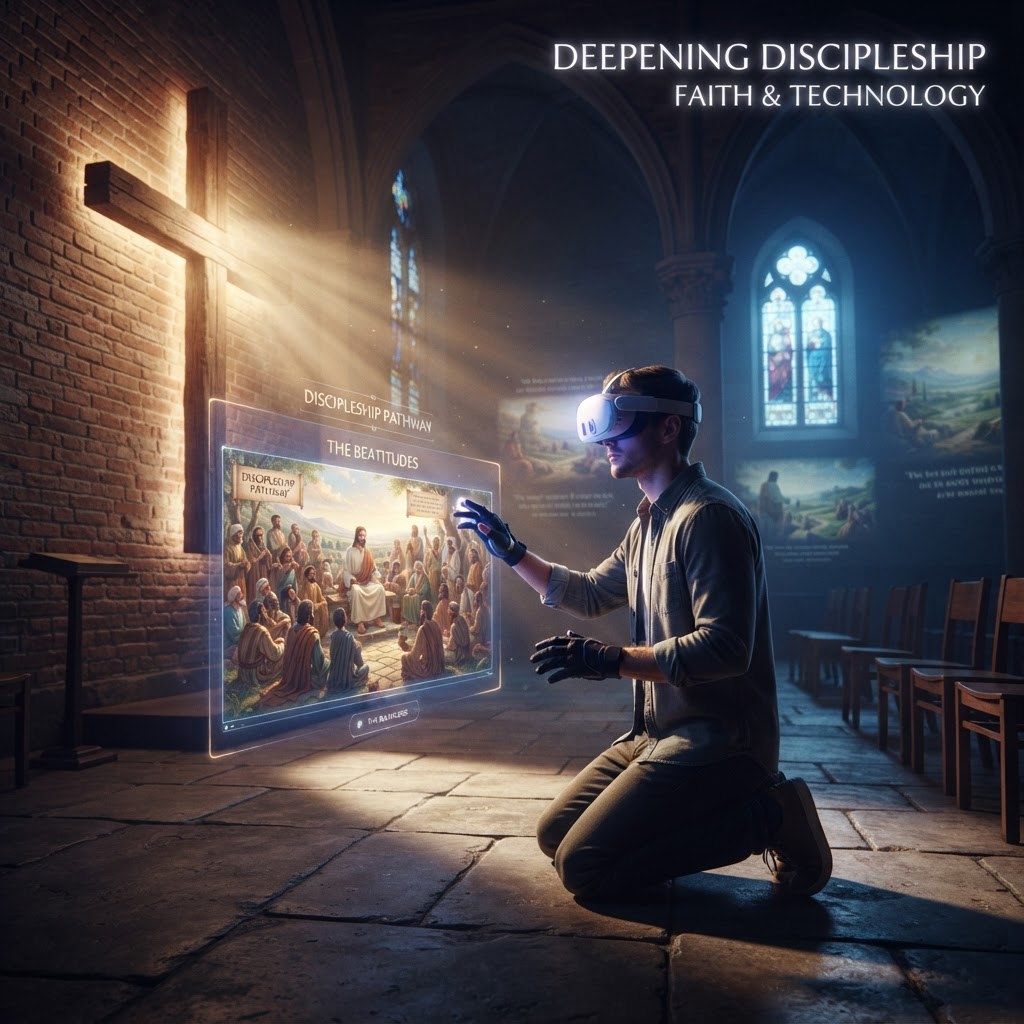 A person wearing a VR headset exploring an immersive, high-definition digital representation of an ancient biblical landscape.