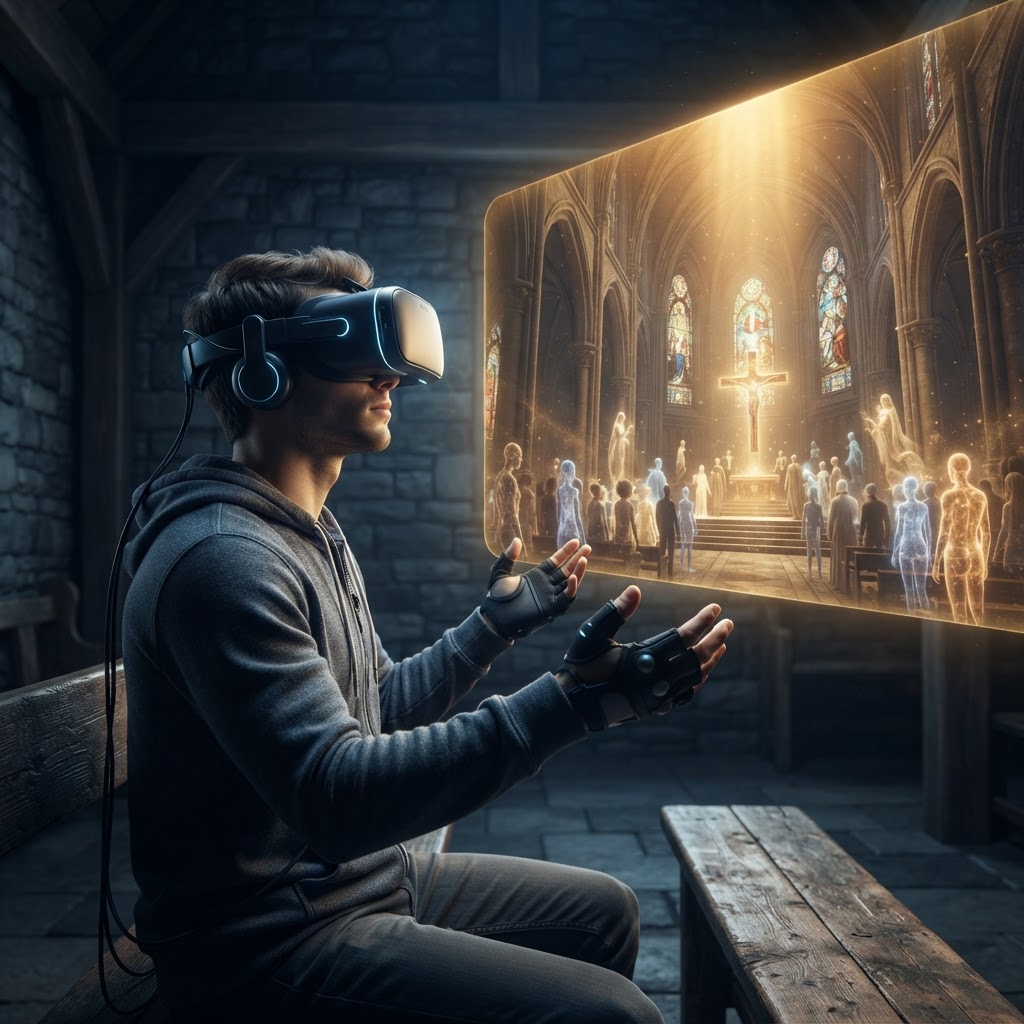 A person wearing a VR headset, with a digital, cinematic depiction of a biblical landscape featuring the Parting of the Red Sea visible in the background.