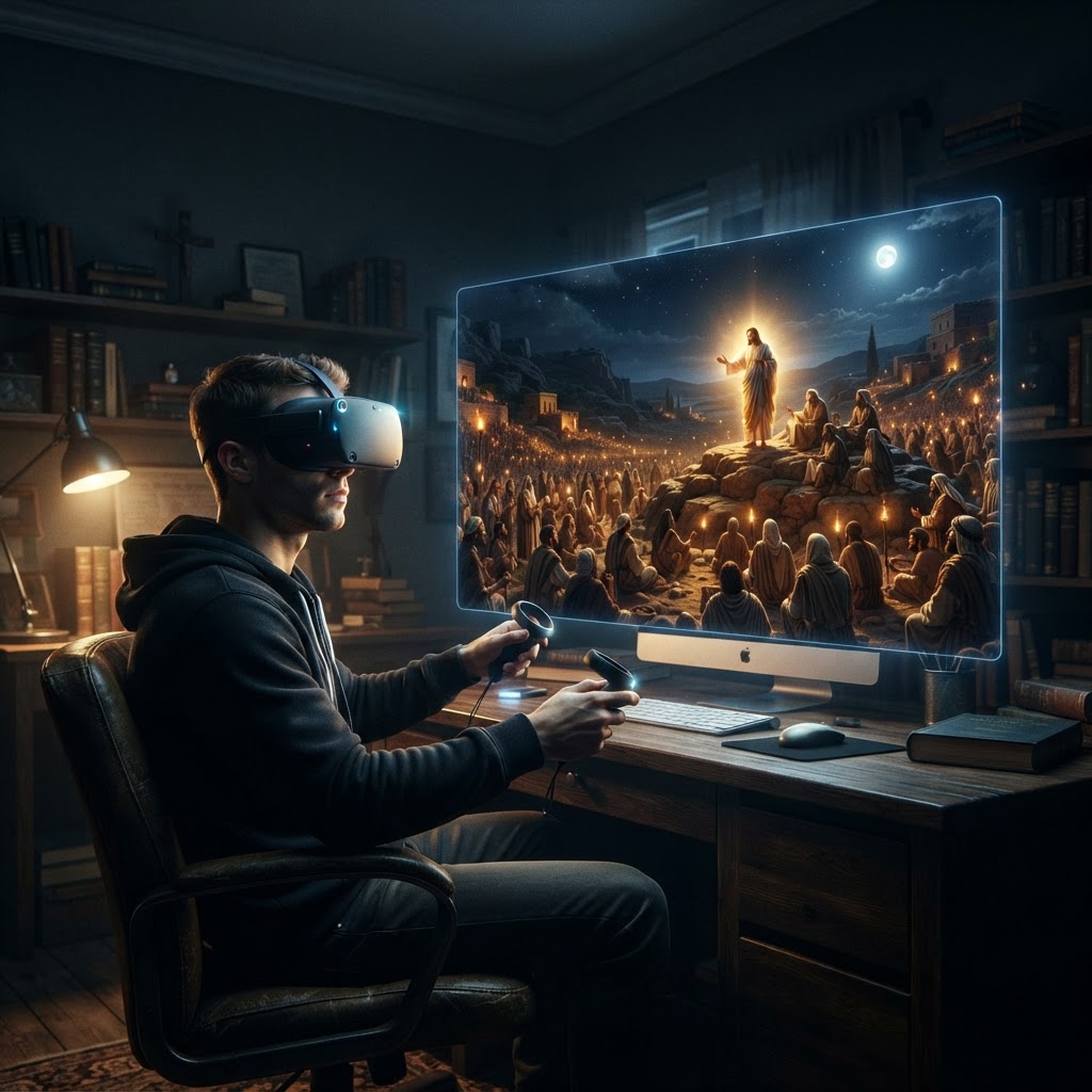 A serene, high-fidelity VR perspective of an ancient landscape, representing the intersection of historical biblical setting and modern technology.
