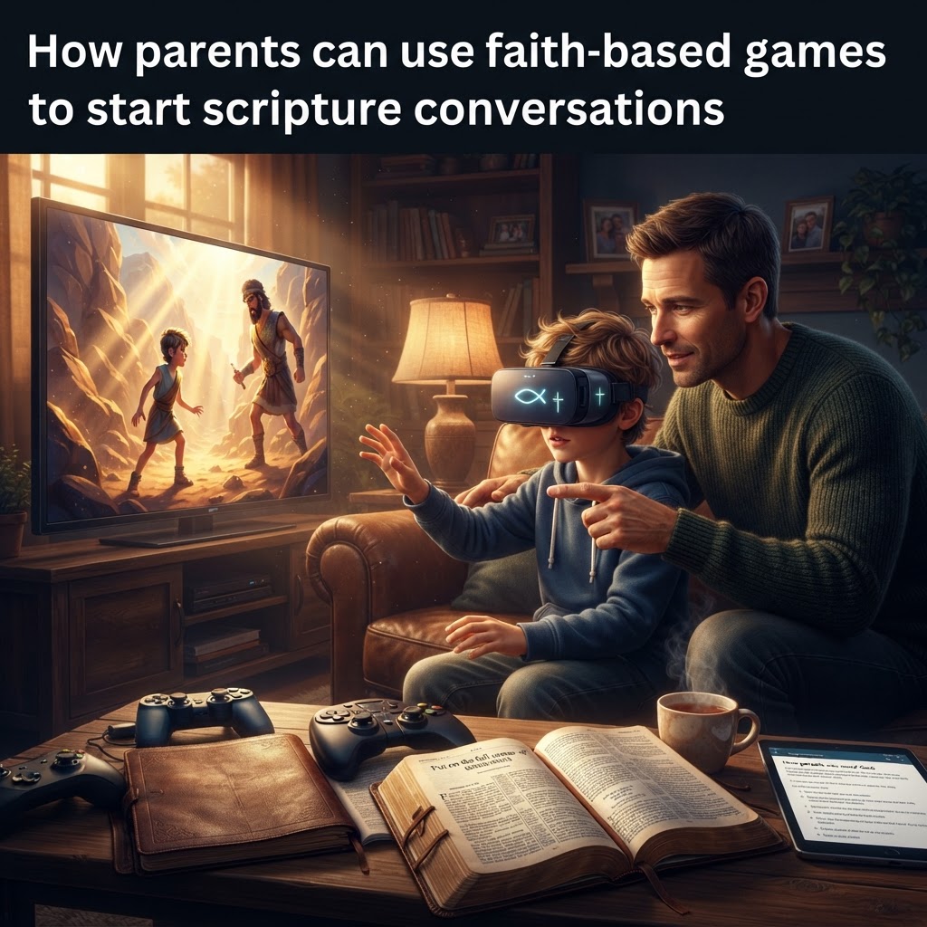 A parent and child wearing virtual reality headsets together, exploring a digital recreation of a biblical landscape.