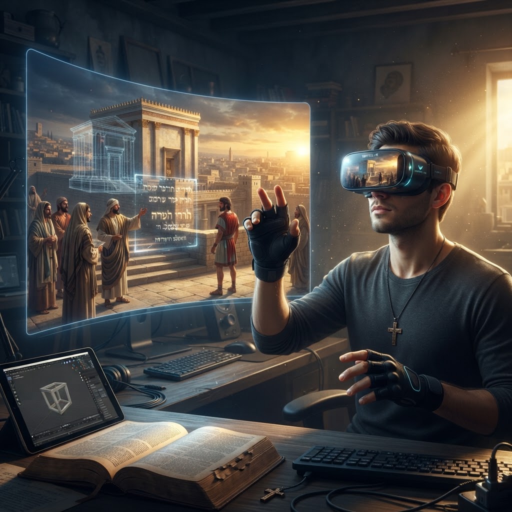 A peaceful, immersive digital rendering of a biblical landscape, reflecting the balance of historical accuracy and modern technology in ZionSphere.