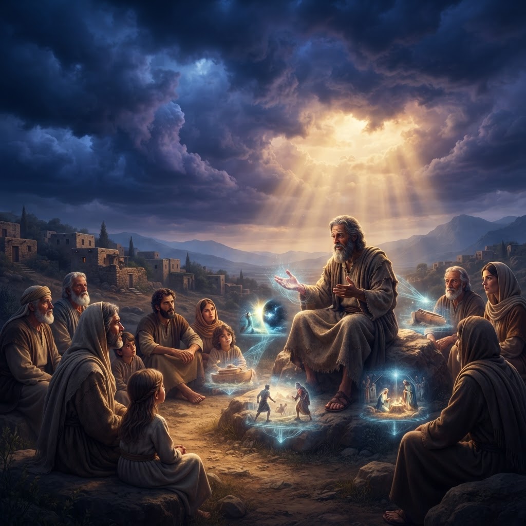 A person wearing a VR headset, experiencing an immersive biblical scene of a desert landscape at sunrise, symbolizing the blend of faith and modern technology.
