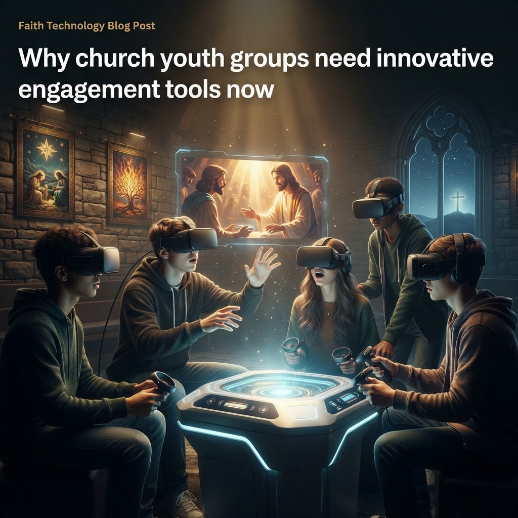A group of youth wearing virtual reality headsets while engaged in an immersive biblical storytelling experience.