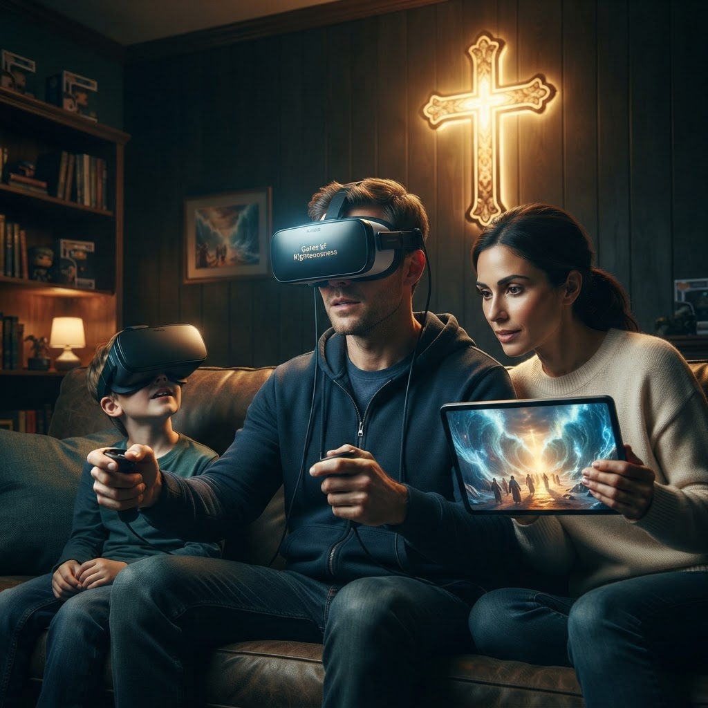 A young family wearing VR headsets together in their living room, smiling while engaging in a biblical storytelling experience.
