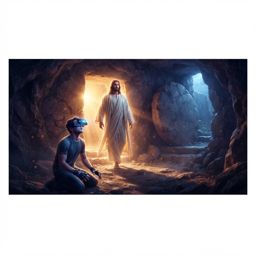 A serene, cinematic VR rendering of the empty tomb at dawn, with light streaming through the entrance into a stone chamber.