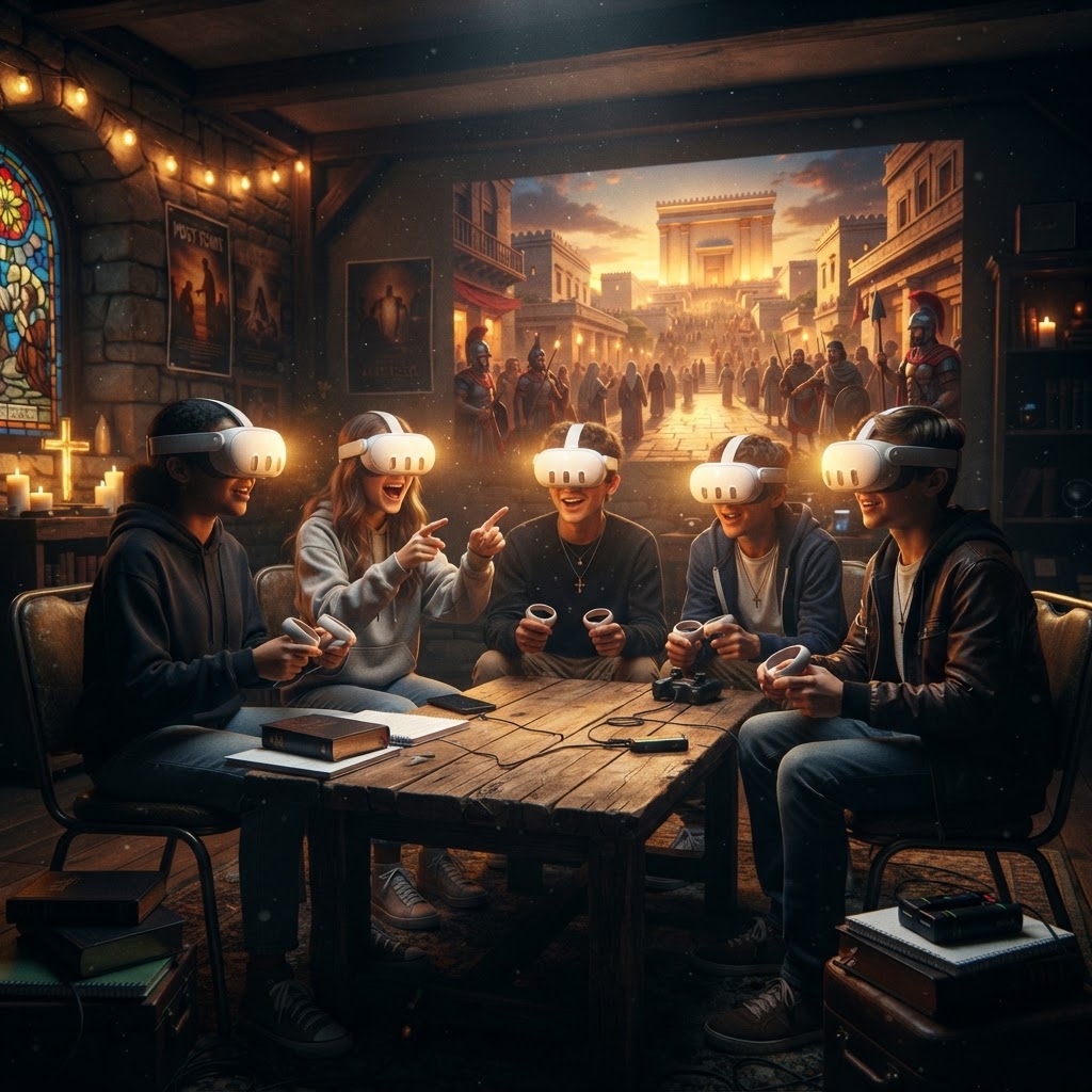 A group of youth wearing VR headsets in a modern church setting, looking amazed while interacting with a digital biblical landscape.