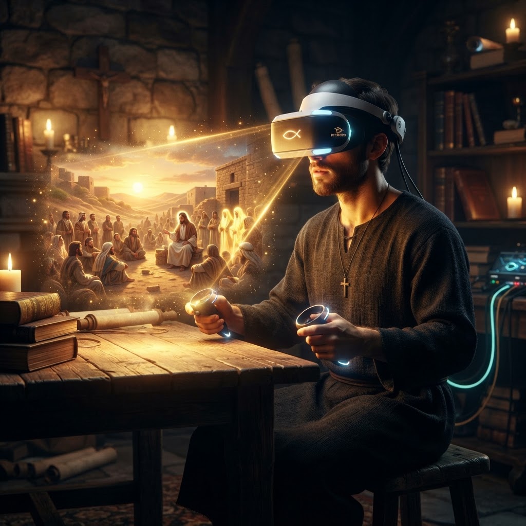 A person wearing a VR headset, with a digital, ethereal representation of a biblical landscape appearing in the space around them.