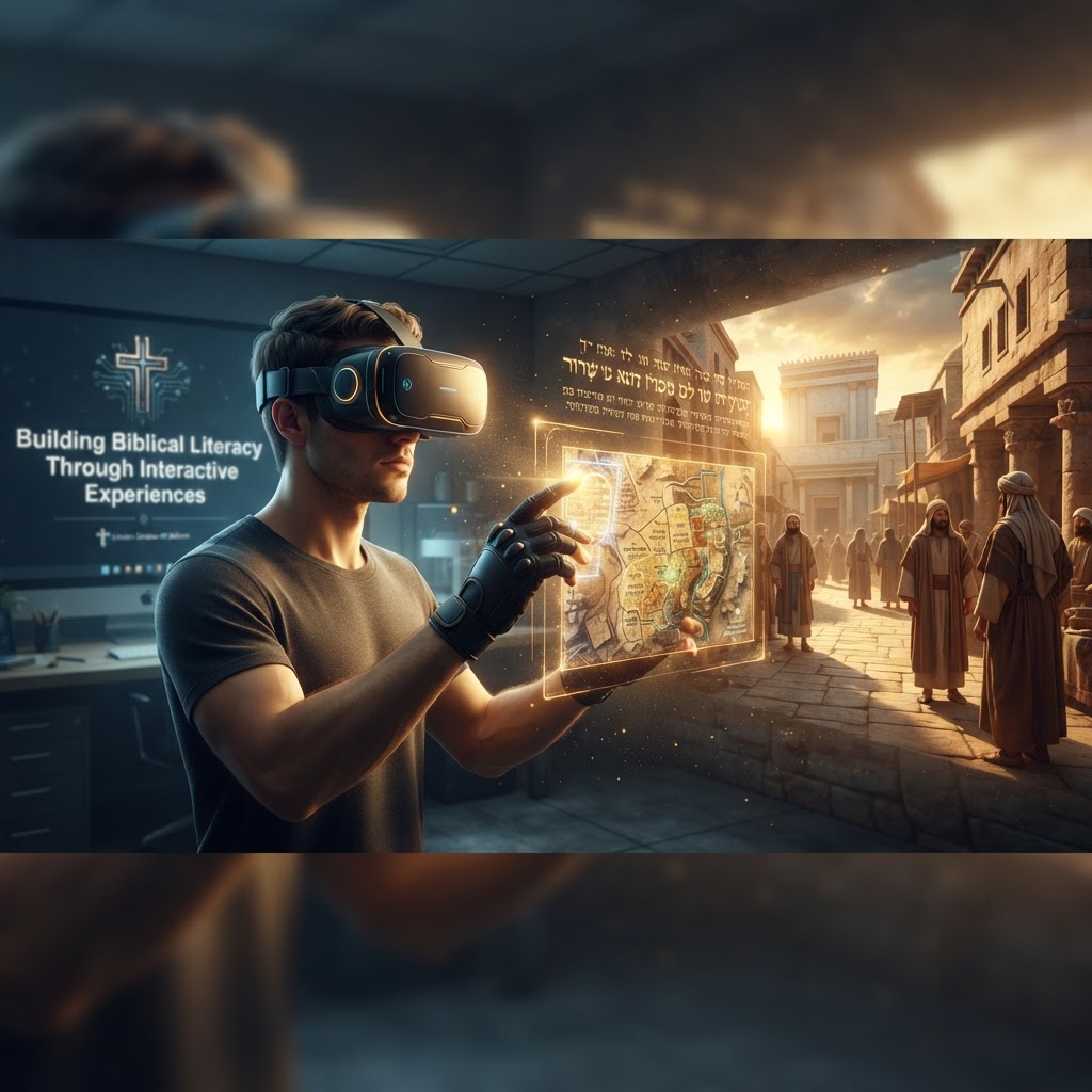 A person wearing a VR headset, experiencing a cinematic, immersive view of a biblical desert landscape at sunset.