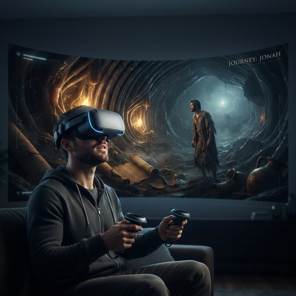 A cinematic, immersive view of a stormy sea from the perspective of a character in a virtual reality biblical environment.