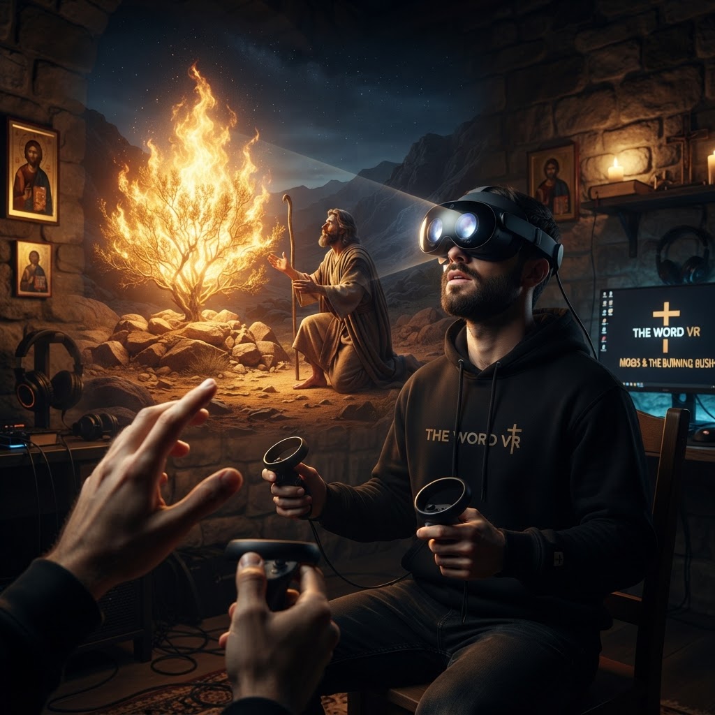 A glowing, supernatural burning bush in a desert landscape as viewed through a virtual reality headset.