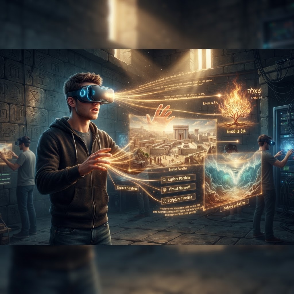 A person wearing a virtual reality headset, illuminated by a warm, golden glow, symbolizing the immersive study of biblical narratives.