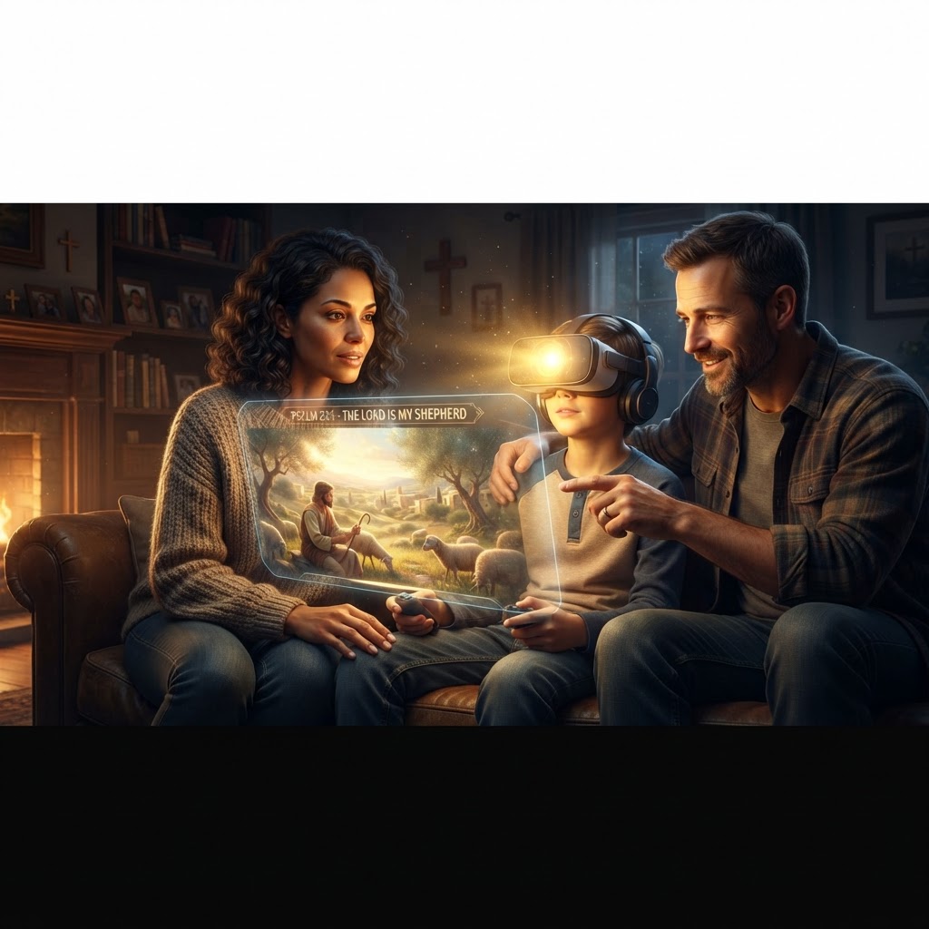 A family sitting together in a living room, smiling while wearing VR headsets, interacting with a digital biblical landscape.