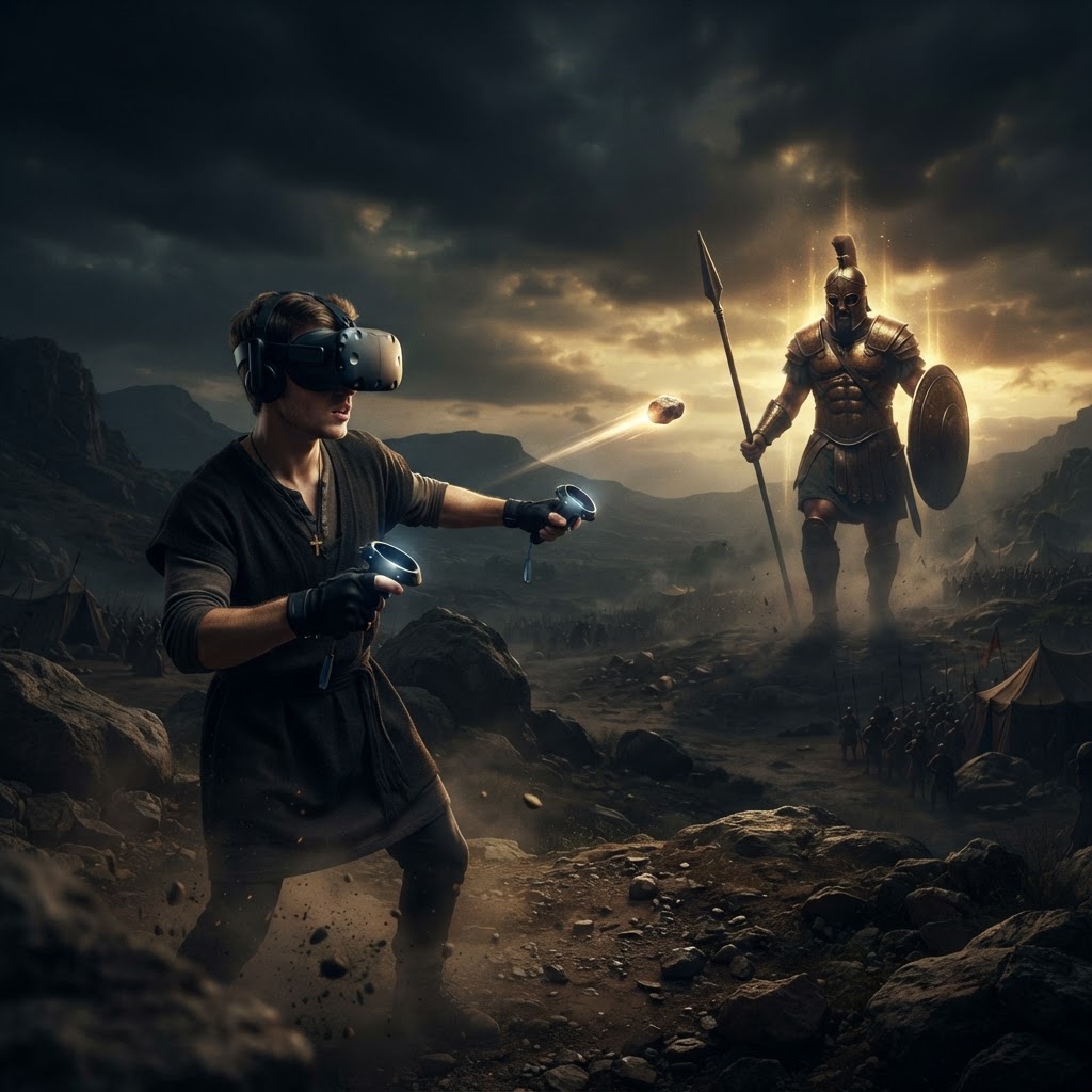 A first-person perspective in VR showing a young shepherd holding a sling facing a looming giant figure in a desert valley.