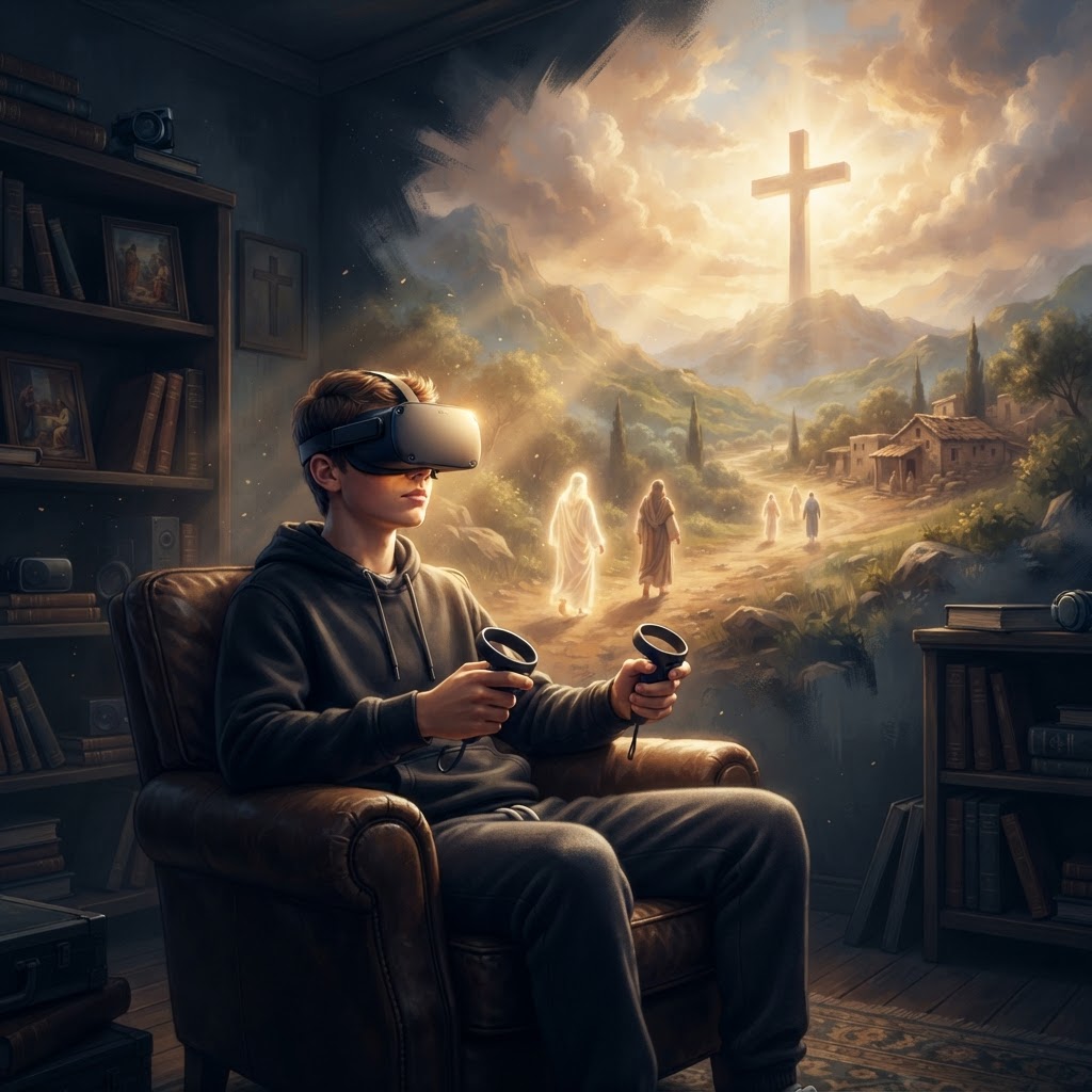 A young person using a VR headset to experience a vivid, immersive biblical environment.