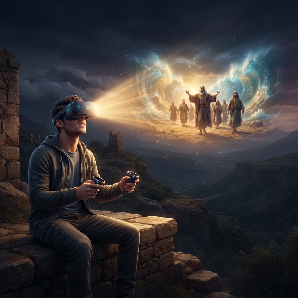 A digital artist's representation of a person standing in a virtual, glowing biblical landscape, representing the intersection of faith and immersive technology.