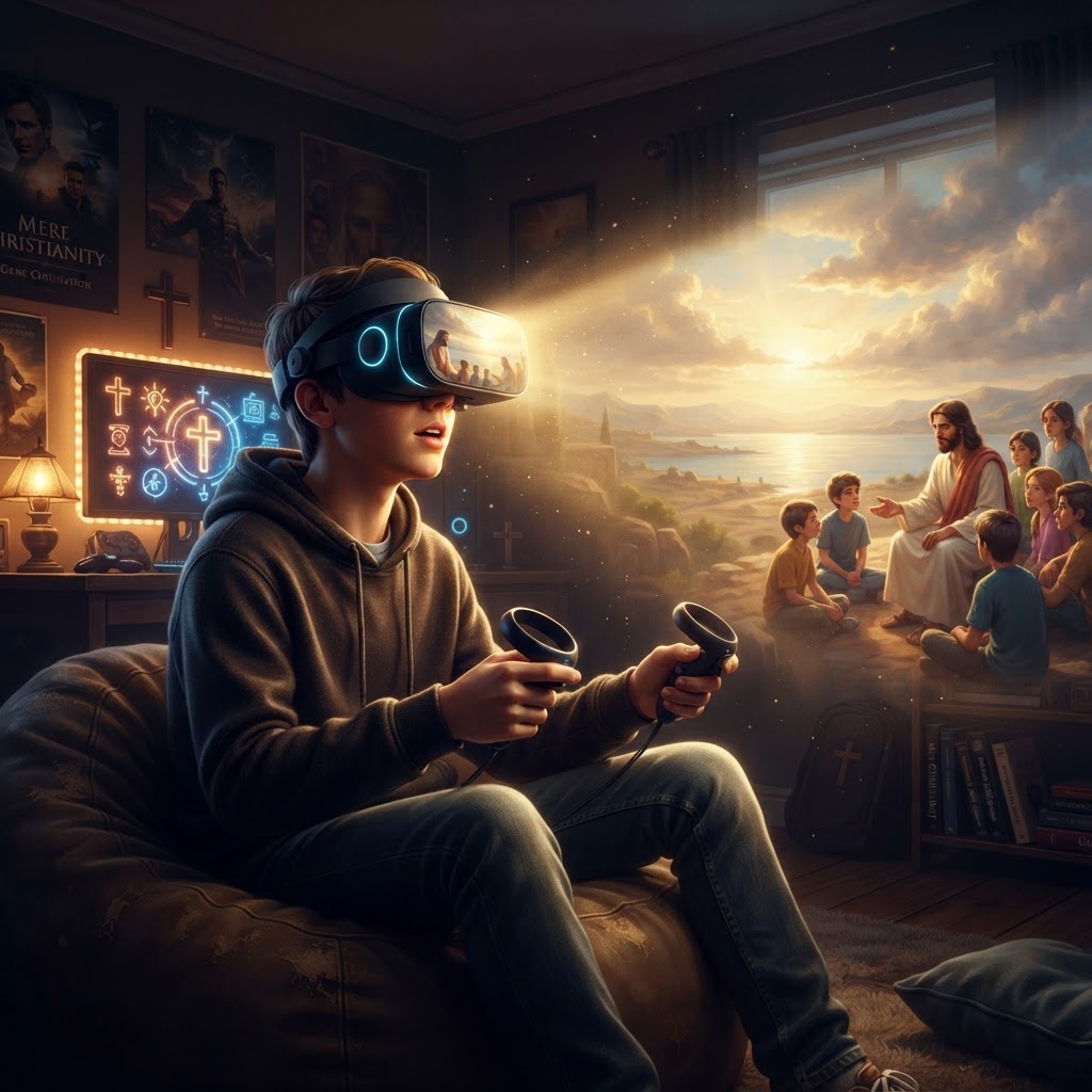 A young person using a VR headset to explore a beautifully rendered, immersive biblical landscape.