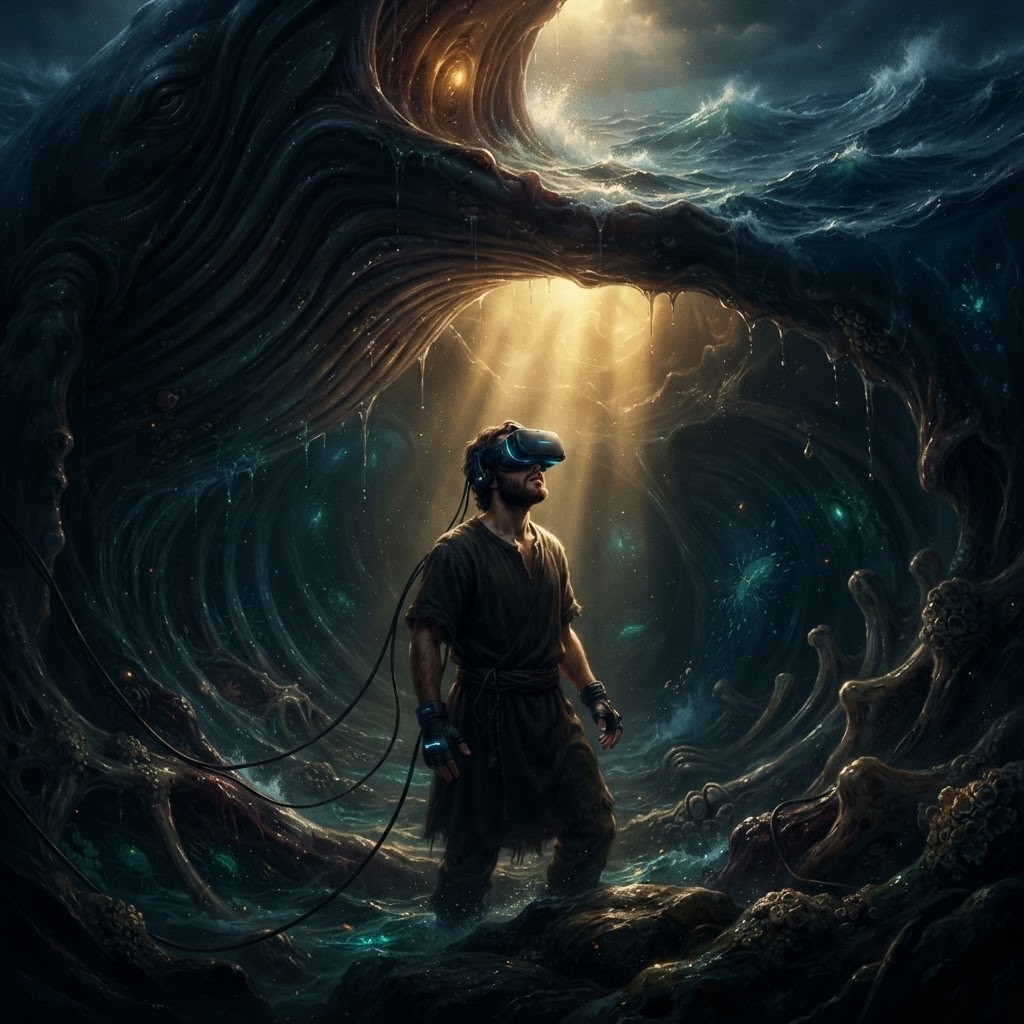 A high-fidelity virtual reality representation of the prophet Jonah looking up toward the surface from inside a large fish, with beams of light piercing through the water.