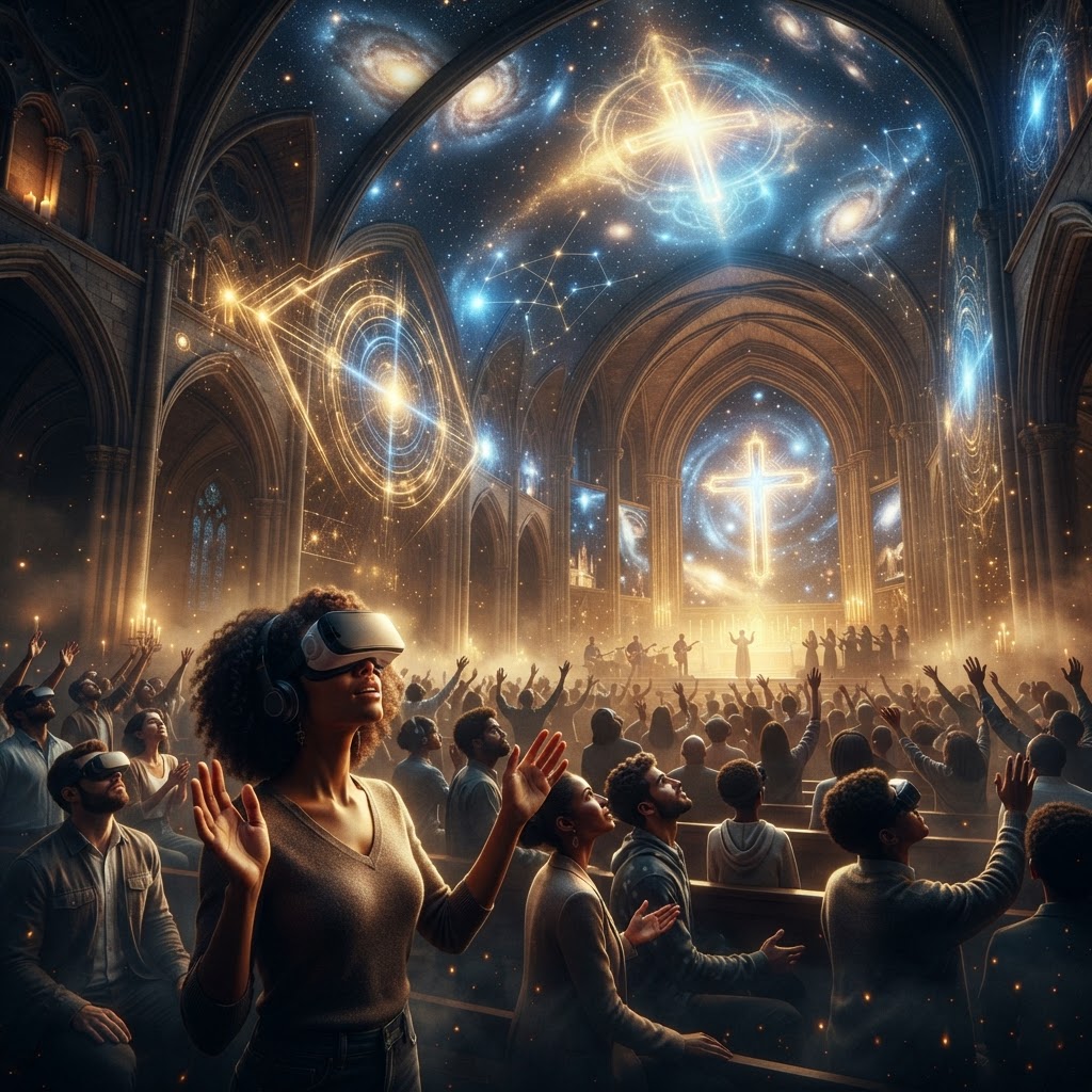 A person wearing a VR headset, experiencing a glowing, immersive biblical landscape designed for spiritual reflection.
