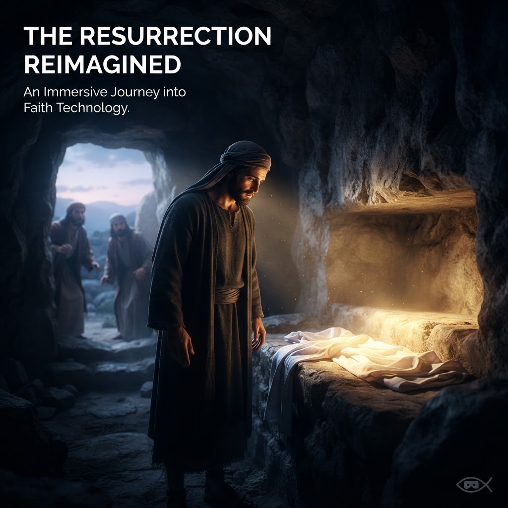 A serene, high-definition digital rendering of an empty stone tomb in a garden setting, illuminated by soft morning sunlight, created for a virtual reality experience.