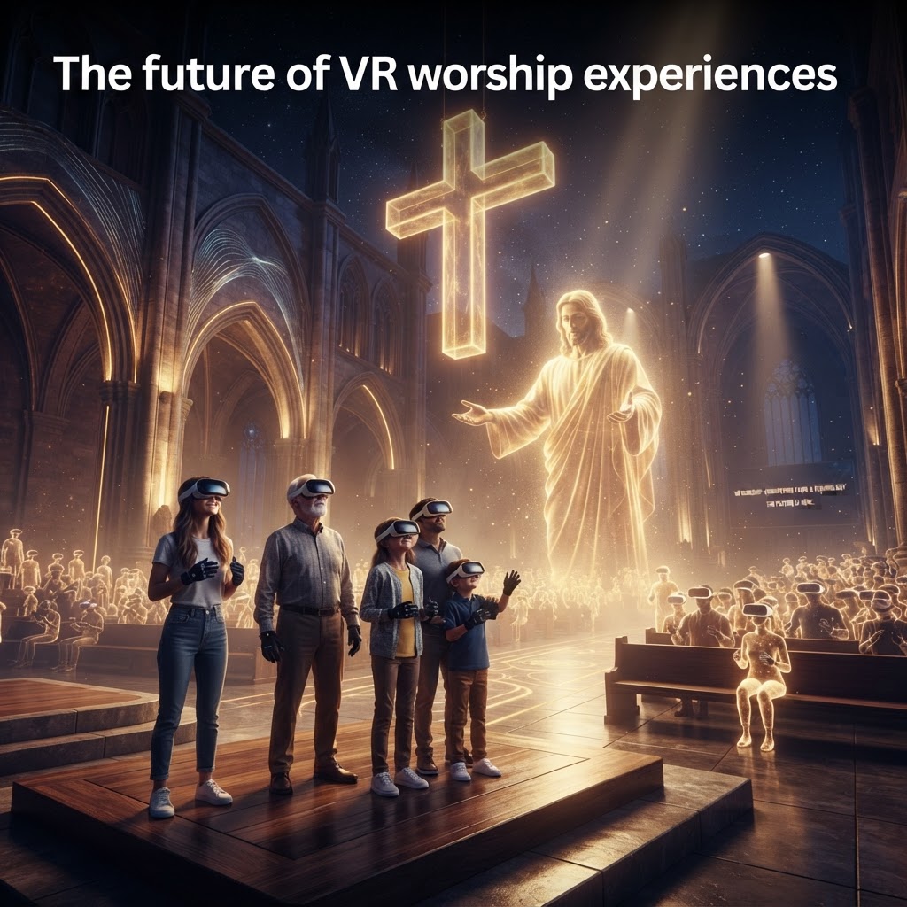 A person wearing a virtual reality headset, experiencing a glowing, immersive digital representation of a biblical scene.