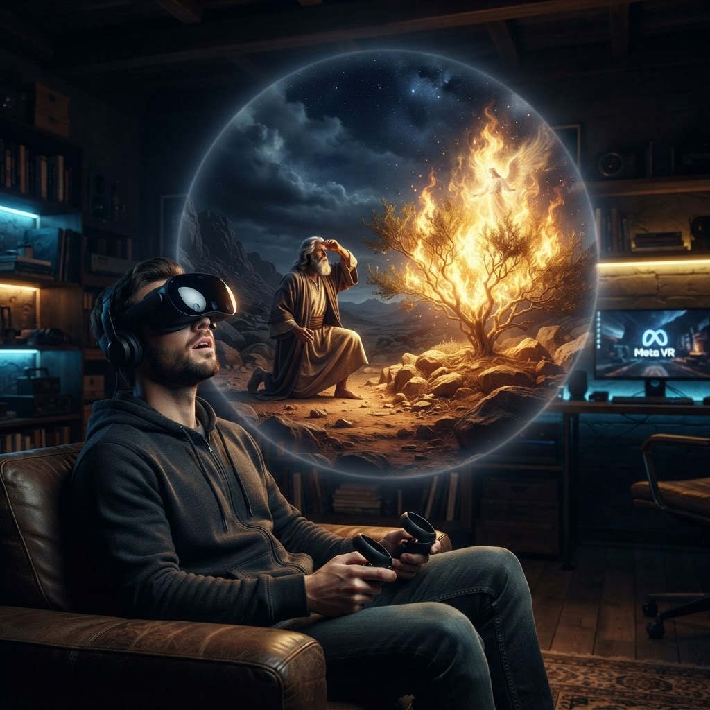 A cinematic, immersive view of a glowing, supernatural burning bush in a realistic desert wilderness, rendered in high-fidelity VR.