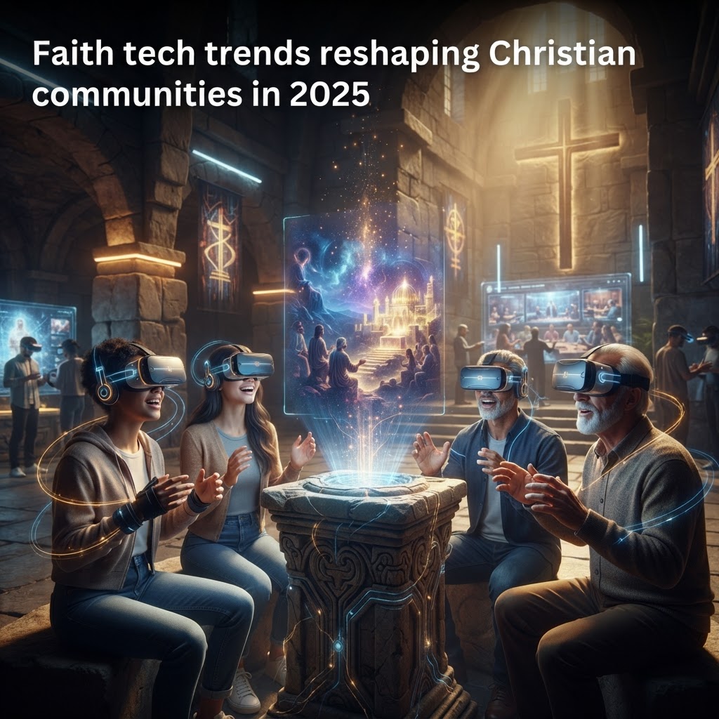 A person wearing a VR headset experiencing an immersive, high-definition biblical scene with warm, inviting lighting.