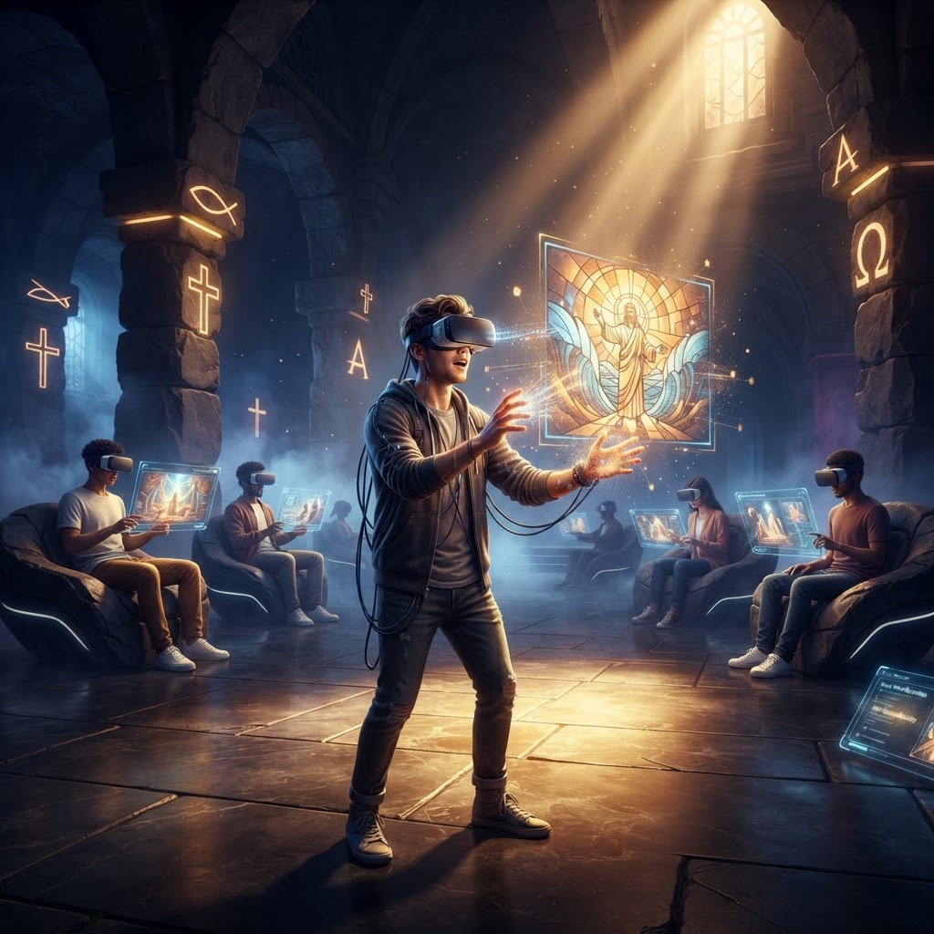 A young person wearing a VR headset, with a glowing, immersive biblical landscape transitioning from the screen into the real world.